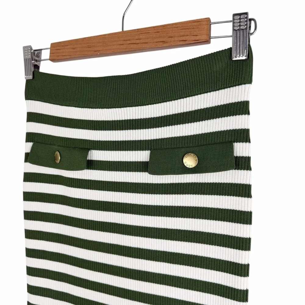 Michael Kors Striped Ribbed Midi Skirt Green White Size Small